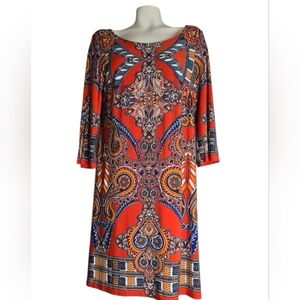 MSK orange blue boho Paisley shift  Dress stretch 3/4 sleeves size M